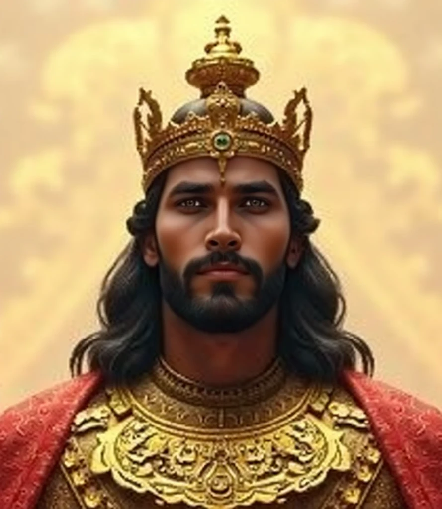 RAW photo, portrait of King Solomon, 40 year old man with a beard and long black hair, wearing the clothes of a King, (very detailed clothing), wearing a golden crown with red jewels, (very detailed crown), pale skin, slim body, (ancient temples background) (highly detailed skin: 1.2), 32k uhd, DSLR, soft lighting, high quality, film grain, Fujifilm XT3 --auto --s2