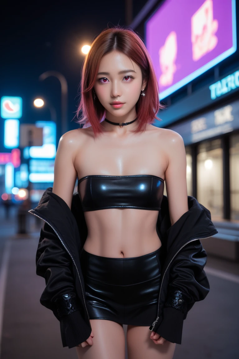 1 girl. best quality, realistic photo, raw photo high heels, pin heels, thin waist, full body, (breasts out: 0.5), show pussy, (small breasts:2), small ass, (skinny thighs:1.5), platinum pink hair, short hair, detailed face, detailed eyes. In the neon-lit night city, standing on the rooftop of a high-rise building, around 18 years old, she was wearing a power suit rich with mechanical details. The power suit was designed with advanced technology, featuring intricate mechanical parts on her arms and legs, and a glowing emblem on her chest.