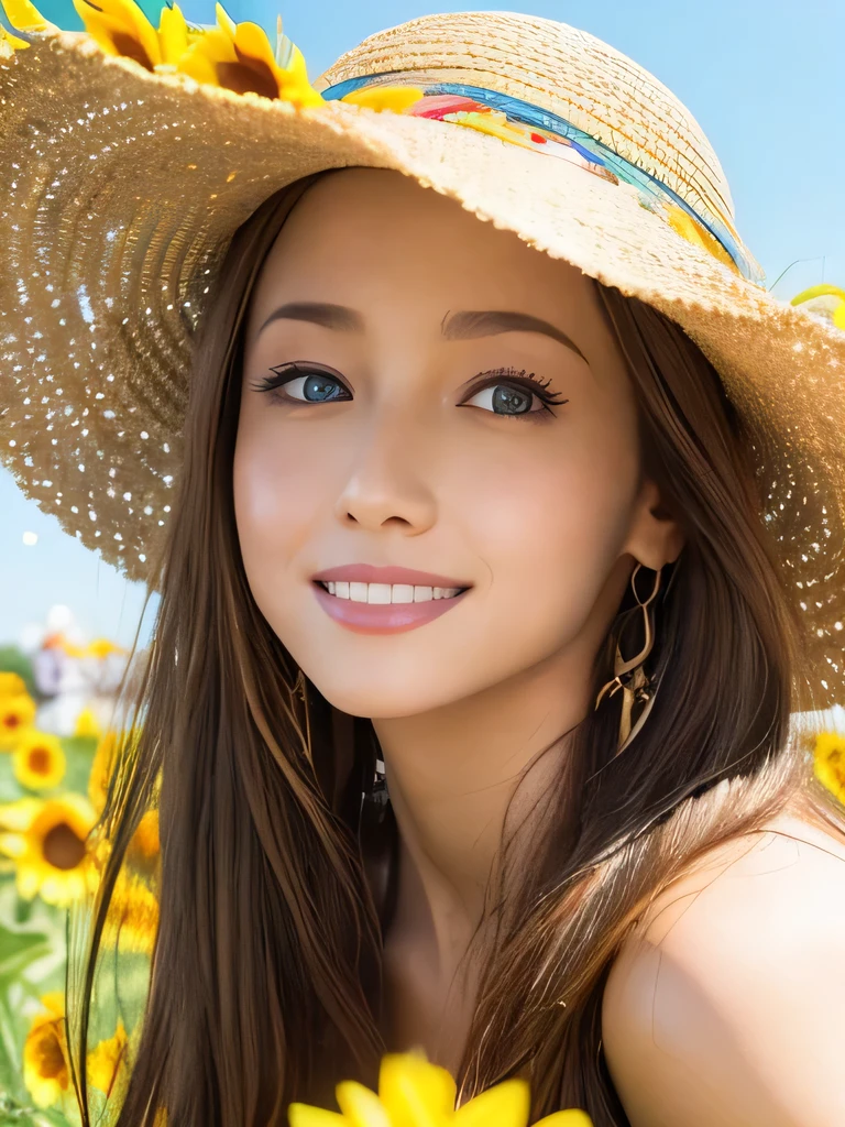 cute girl, sparkling eyes, shining lips, beautiful detailed eyes, beautiful detailed lips, long eyelashes, flowing hair, joyful expression, vibrant dress, sitting on a grassy field, surrounded by colorful sunflowers, wearing a stylish hat, a warm and sunny day, soft natural lighting, vivid colors, medium: oil painting, ultra-detailed, realistic, bokeh
