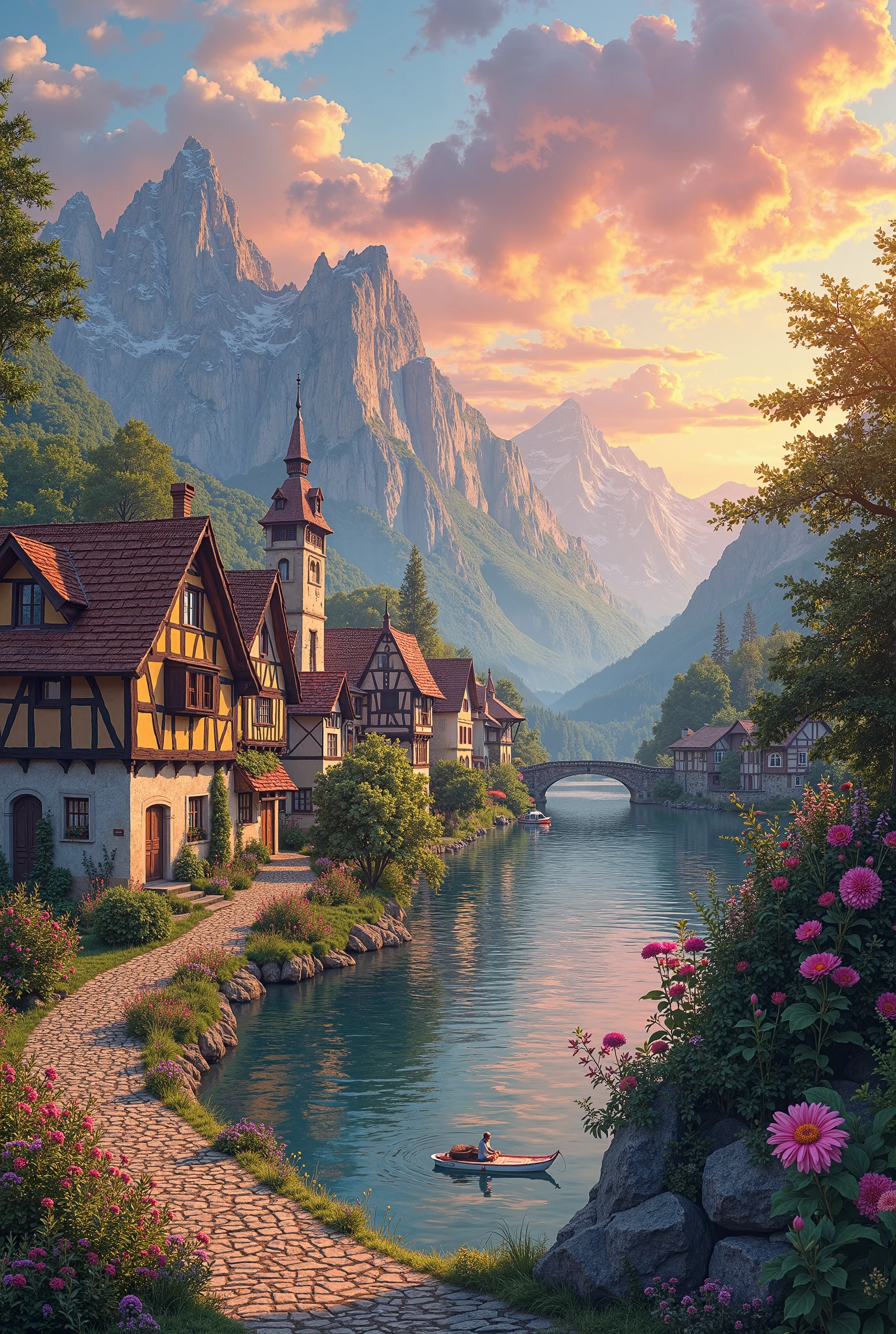 a small village by the river, mountains in the background, floral flowers colorful, detailed landscape, Beautiful natural landscapes, atmospheric lighting, scorching sunset, warm colours, practical, photopractical, Detailed Foliage, complex buildings, cobblestone street, Charming country house, swirly vibrant colors, lush vegetation, Still water reflections, Picturesque, idyllic, work of art, best qualityer, 8k, extremely detaild,anime styling