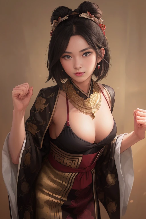 1 girl in, meme, fine eyes, look at the audience, Incredibly short hair, black hair, 
Upper body, chinese clothes, Hanfu, , cleavage,( Open your clothes :1.4), Magical face, wearing cosmetics 、 Red Clothes,（Watercolor Painting）