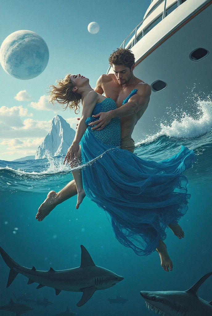 A dreamy ethereal scene of two lovers in a whimsical aquatic setting, The couple is floating amidst flower petals and shimmering bubbles immersed in a softly lit mystical underwater environment, Their bodies are intertwined in a sensual passionate dance with expressions of deep connection and surrender, The background is composed of organic abstract shapes creating a fantastical and enveloping atmosphere, The color palette is dominated by shades of blue purple and gold lending an oneiric and melancholic quality, Style Atmospheric ethereal whimsical sensual melancholic romantic aquatic