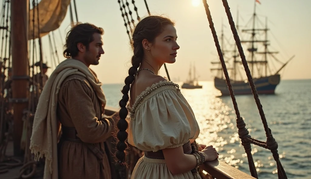 imagine a drawing or painting of a couple EMBRACED, with eighteenth-century clothes on an old sailing boat, behind a sunset, orange, the focus should be the couple. behind the couple has ropes and sails from the boat --auto --s2