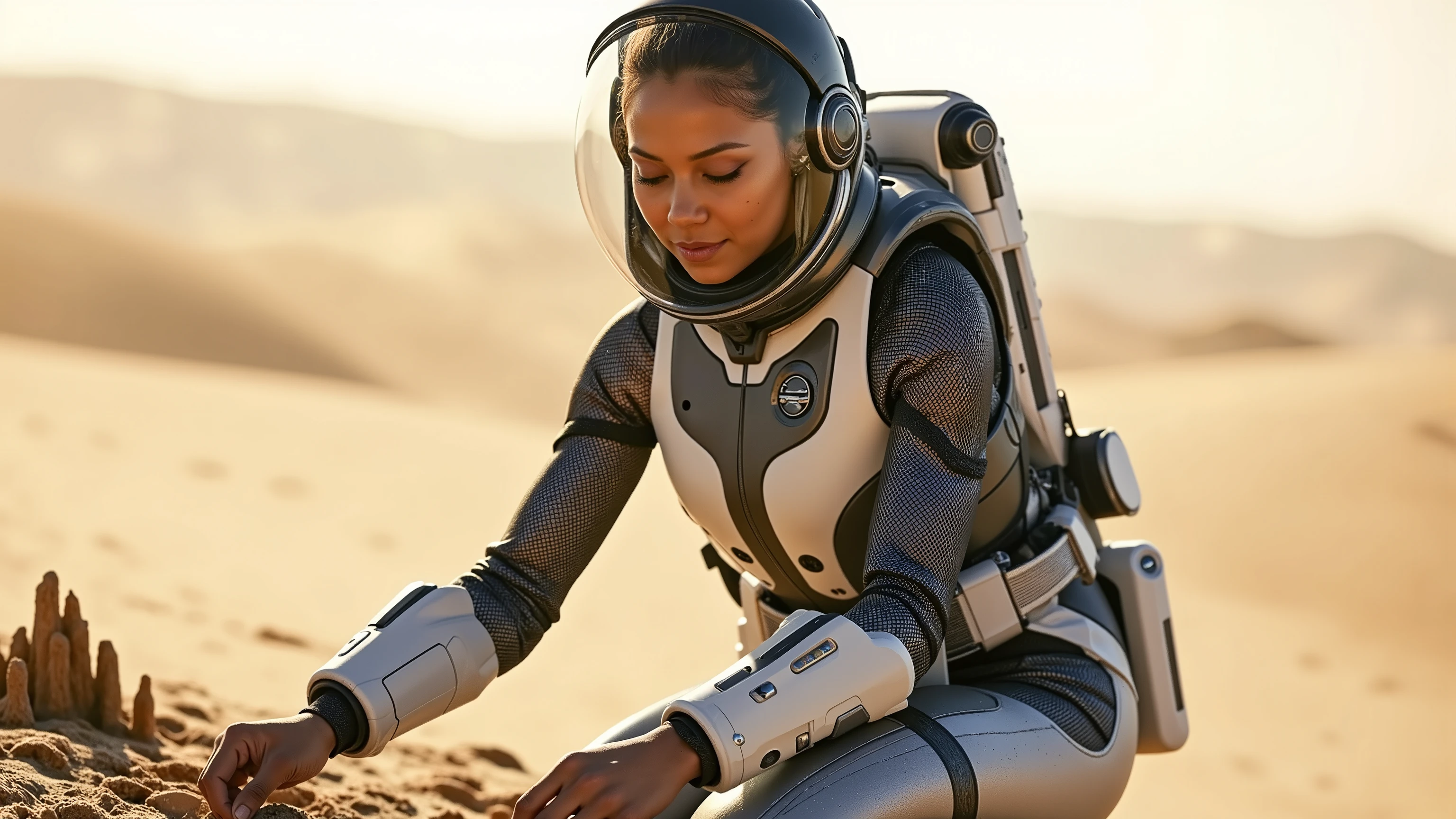 A young woman in a futuristic space suit, kneeling on a sandy planet, building intricate sandcastles with a serene expression. The scene is framed mid-shot, with the vast, barren landscape of the planet in the background. Soft, diffused lighting highlights the details of her suit and the sandcastles. The composition centres on her hands as she carefully shapes the sand, with a sense of tranquillity and focus. extremely detailed realistic natural skin with skin pores, perfect face, highly detailed face and lips, ray tracing, UHD, HDR, 16k, DSLR, masterpiece, photorealistic, award-winning