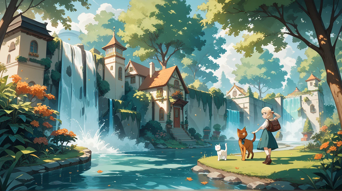 anime illustration。evening。A park in the woods with a waterfall。Clear water drops in the shape of a female elf and  water drops in the shape of a cat。