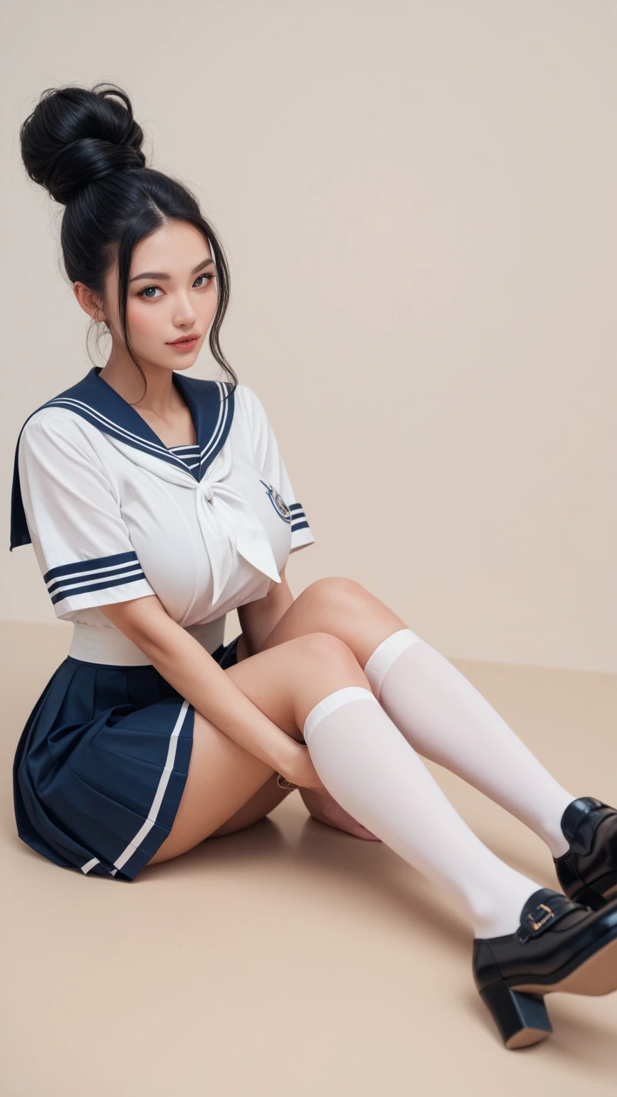 (Dark blue bloomers:1.2), Spread your legs sexy cute big sweat crotch wet crotch touched hair wet wet crotch wet crotch seductive angle, Right arm and leg, Right position、White pantyhose、best quality, masterpiece, ultra high res, (photorealistic:1.4), RAW photo,8K,((The upper body is a sailor suit))、middlebreast、japanes、1人、sixteen years old、Perfect looks、hi-school girl、Classroom、cute face、a smile、Full body portrait、stunningly beautiful、Dynamic poses、delicated face、lively eyes、crouching down、Spread your legs wide、squatt