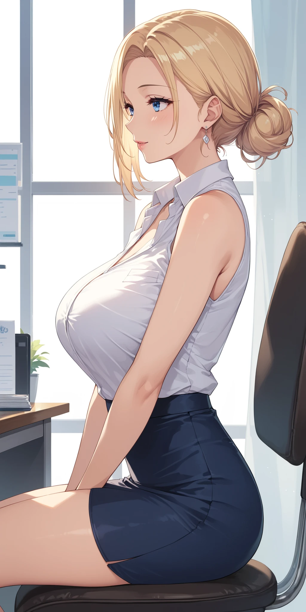 score_9, score_8_up, score_7_up, blonde, chignon hair, blue eyes, perfect eyes, Anime Milf , graceful mature woman who shines more than a dress, sleeveless office shirt, Chest, short skirt for hypnotic suggestion, sitting on a chair, medium close-up, Soft light、From the side、胸をクローズup、