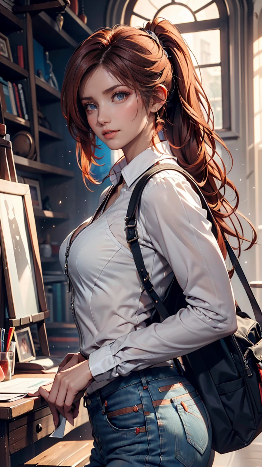 (draw) ((masterpiece, top quality)) (character design sheet, same characters, Front, side, return, There are words written all around) Long Women, Redhead with ponytail hairstyle, brown eyes in the oral ,  I'm wearing a bulletproof vest ,  long sleeve zippered shirt, White shirt and jeans, returnpack, Stand and relax