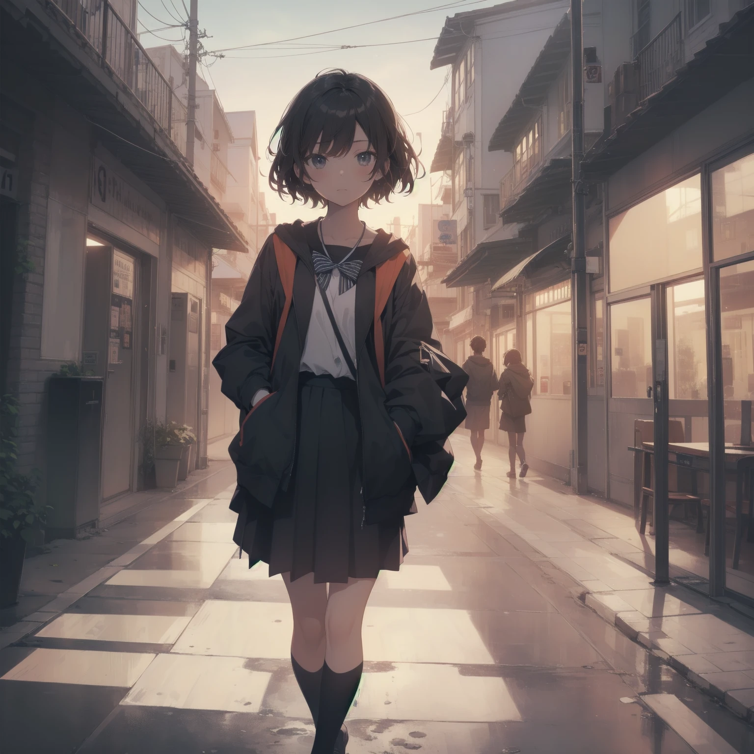 ultra-absurdres-Top quality by artist God, ultra-detailed, high resolution, anime moe artstyle, best anime 8k konachan wallpaper, pixiv contest winner, pool:2810, perfect ???????,break, 1girl, (Please draw a girl walking sleepily to school alone. )break,(Solo,little female,o:1.3),Full limbs, ,a junior high school student, (very short hair), short cut, flat ?????, , small ????, small black eyes, beautiful detailed eyes, well-proportioned iris and pupils, expressive eyes, highres detailed hair, soft expression, sailor school_uniform,  bow, pleated skirt,(Detailed Lighting), (Detailed background), in the School commute route. break,super detailed skin, Best cinematic lighting powered by famous artist, 8k,beauty illustration,photoshop_(medium),very aesthetic,break,((artist:beni_shake )), artist:mitsumi_misato,artist:fujiyama ,artist:kokonoka ,
