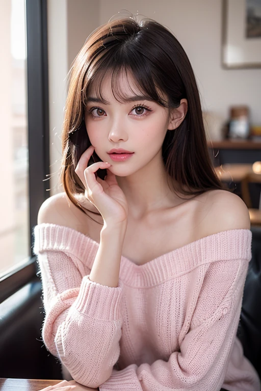 High Quality, Best Quality, 1 Woman, Real, Live Action, Japan Person, Frontal, 28 years old, Big tits, Glowing face, Black hair, Straight hair, Pink lips, Natural skin, Light eyebrows, Little longer hair, Loungewear, Holding coffee with both hands, Staring, Quiet, Affection, Serious, Facial expression, Happy, Table, Conversation, Smile, Romantic, Relaxed, Happiness,