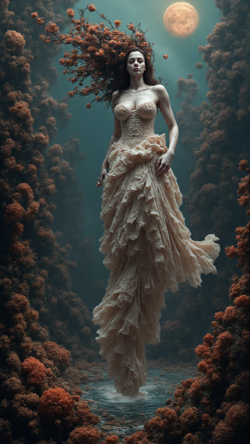 Hyper-real surreal odyssey: A woman with *cracked alabaster skin* (revealing **Hubble-grade galaxies**) floats atop a **collapsing Fibonacci clock** dripping molten equations. Her gown—**bioluminescent moth wings/silk**—shimmers as hair fractures into **oak branches holding quartz thrushes** with snowflake-feathers. Behind her, a **steampunk elephant** with hydraulic legs stomps a mercury lake, birthing **amethyst geodes** that bloom into **storm-cloud jellyfish**. The sky splinters: one shard holds an **acid-eaten Gothic cathedral**, another a **Jurassic tree with typewriter bark/heart-fruit**. Reality splits—above, **Victorian brass spires**; below, **coral shadows with MRI anatomies**. A **black-hole sun** spews **parchment crows etched with equations**. **Clockwork raccoons** pilot submarines, hunting neon ghosts. Her shadow becomes **Chernobyl-stag antlers**. Palette: **toxic malachite skies**, **hydrothermal blacks**, blood-crimson flora. Mood: *Awe-dread*.  

**Tags:**  
`#hyperreal_apocalypse #scifi_gothic`  

*Dense, tactile, clawing at reality’s seams. 998 chars.* ⚙️🌌