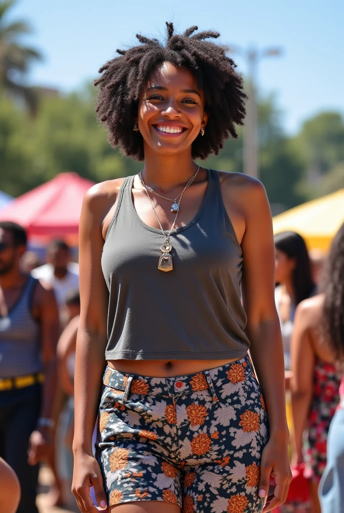 black woman solo in early 20s at coachella music festival, mid-length locs hair, sunny day, top quality, high_resolution, distinct_image, foreground focus, army green crochet top, colorful bohemian skirt, palm trees in the background, colorful belt