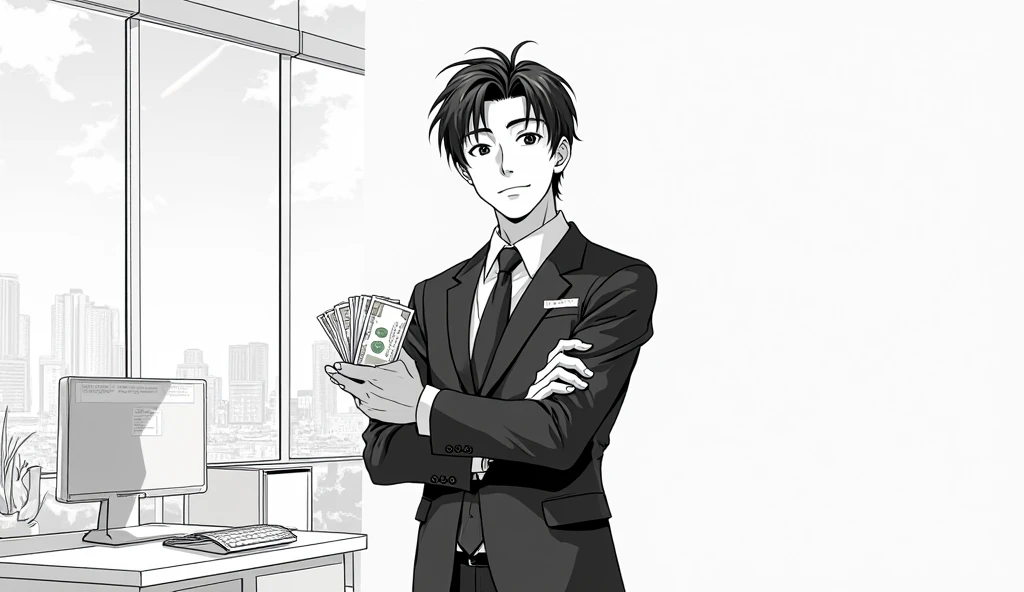 1 male，Where to hold a 50 yuan bill，Mouth open，Business suit，reception desk，Mall clothing store