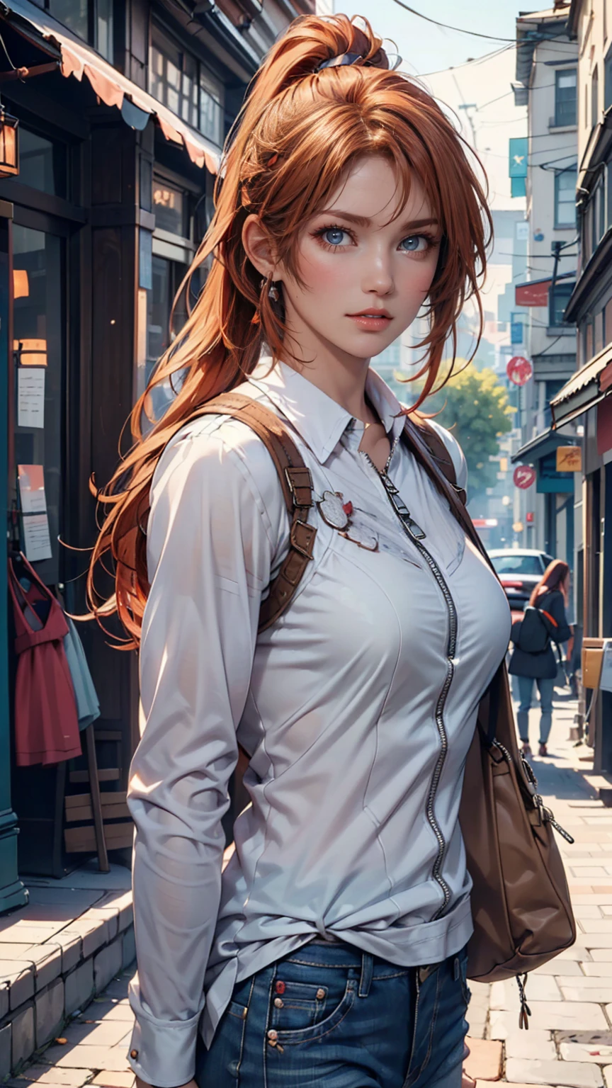 (draw) ((masterpiece, top quality)) (character design sheet, same characters, Front, side, return, There are words written all around) Long Women, Redhead with ponytail hairstyle, brown eyes in the oral ??????,  I'm wearing a bulletproof vest ,  long sleeve zippered shirt, White shirt and jeans, returnpack, Stand and relax