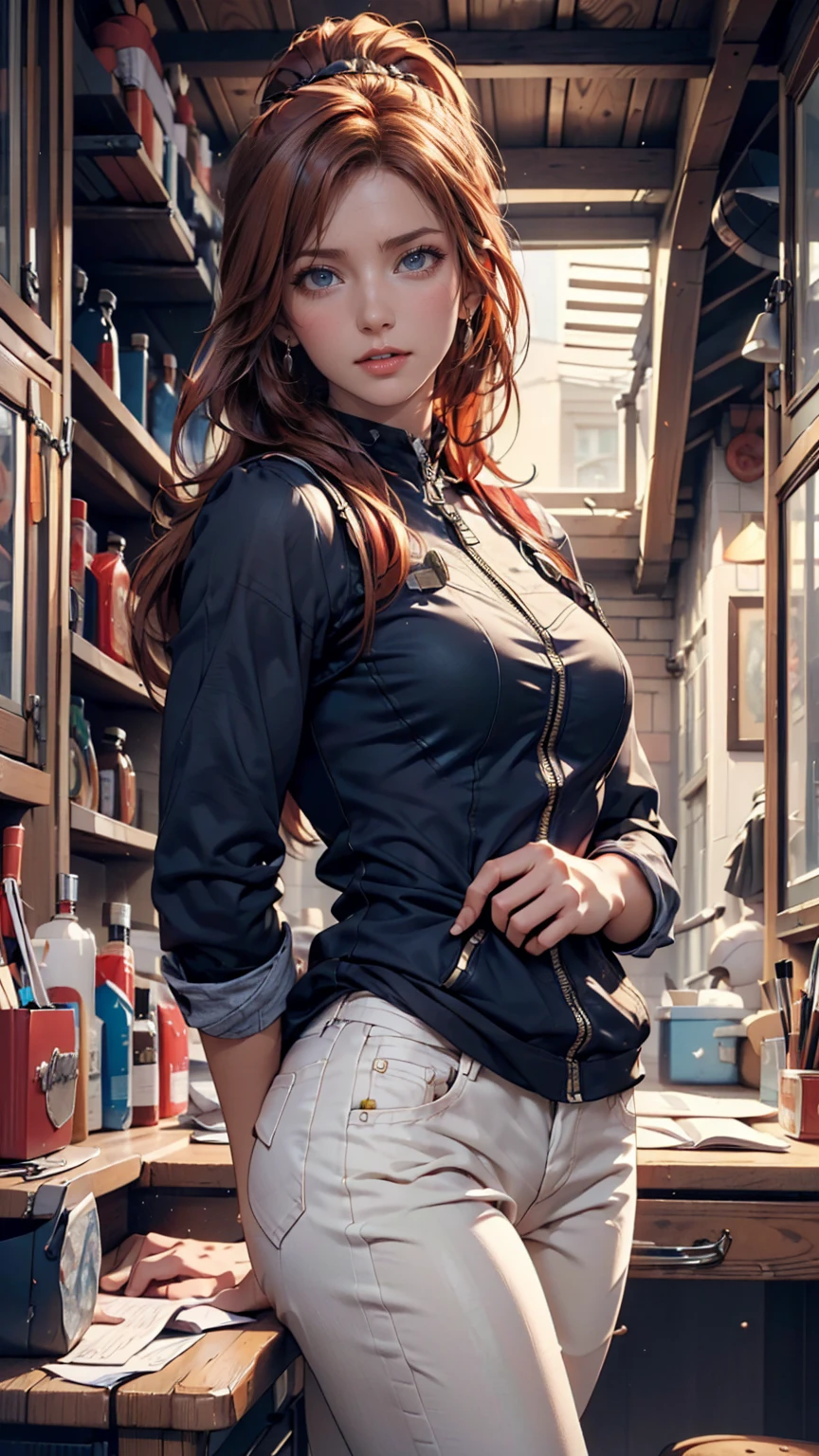 (draw) ((masterpiece, top quality)) (character design sheet, same characters, Front, side, return, There are words written all around) Long Women, Redhead with ponytail hairstyle, brown eyes in the oral ??????,  I'm wearing a bulletproof vest ,  long sleeve zippered shirt, White shirt and jeans, returnpack, Stand and relax