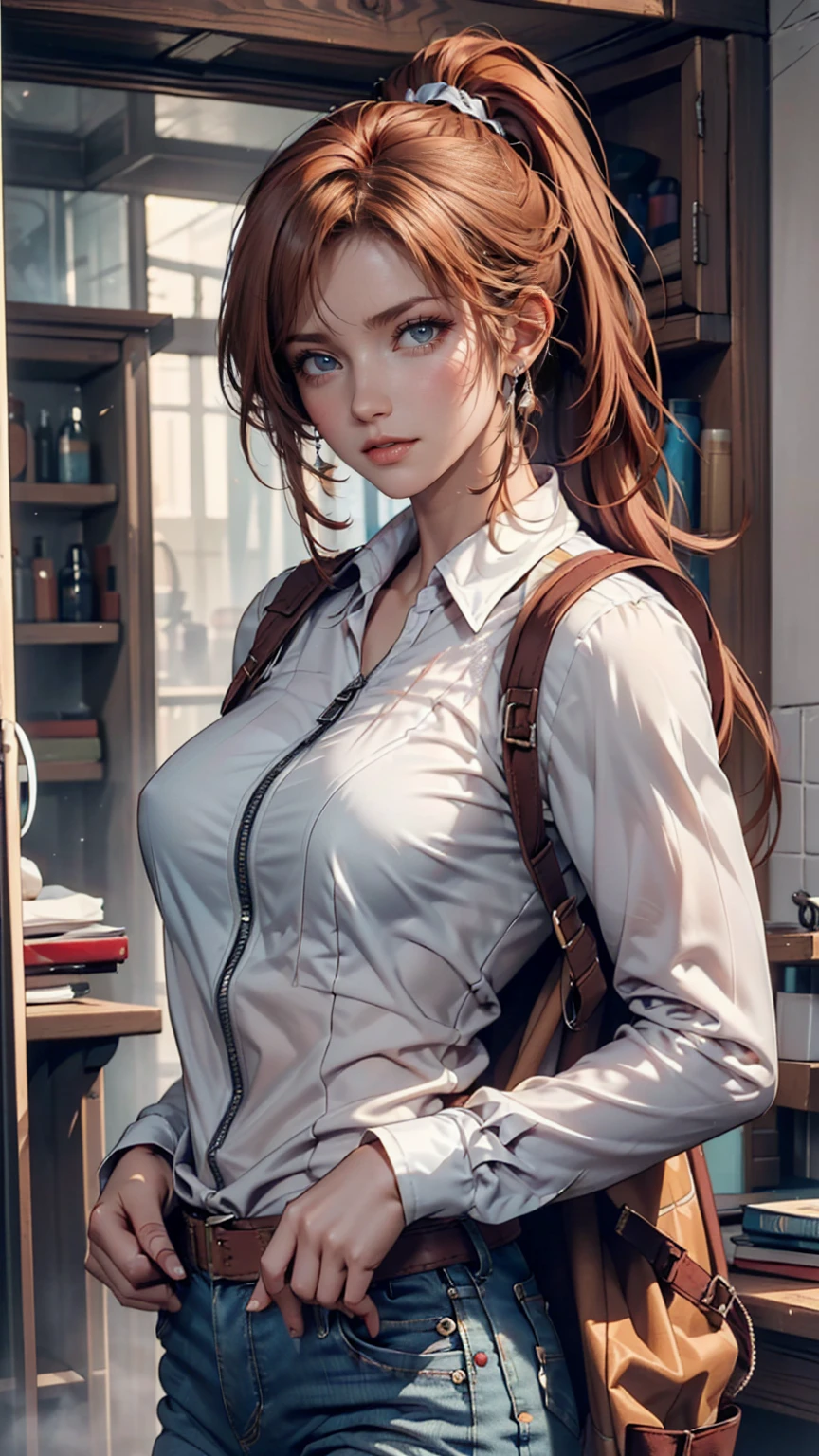 (draw) ((masterpiece, top quality)) (character design sheet, same characters, Front, side, return, There are words written all around) Long Women, Redhead with ponytail hairstyle, brown eyes in the oral vagina,  I'm wearing a bulletproof vest ,  long sleeve zippered shirt, White shirt and jeans, returnpack, Stand and relax