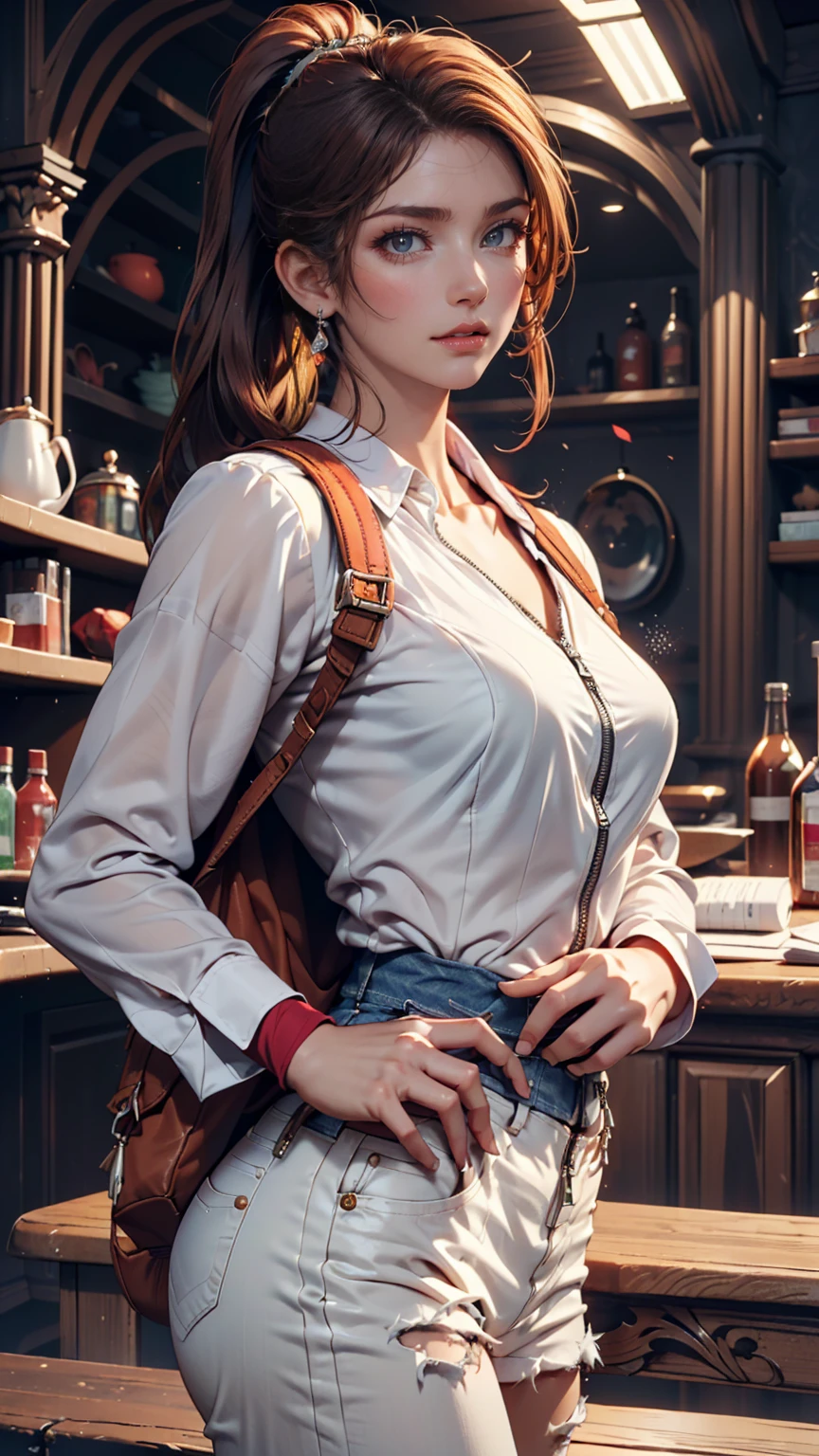 (draw) ((masterpiece, top quality)) (character design sheet, same characters, Front, side, return, There are words written all around) Long Women, Redhead with ponytail hairstyle, brown eyes in the oral ??????,  I'm wearing a bulletproof vest ,  long sleeve zippered shirt, White shirt and jeans, returnpack, Stand and relax