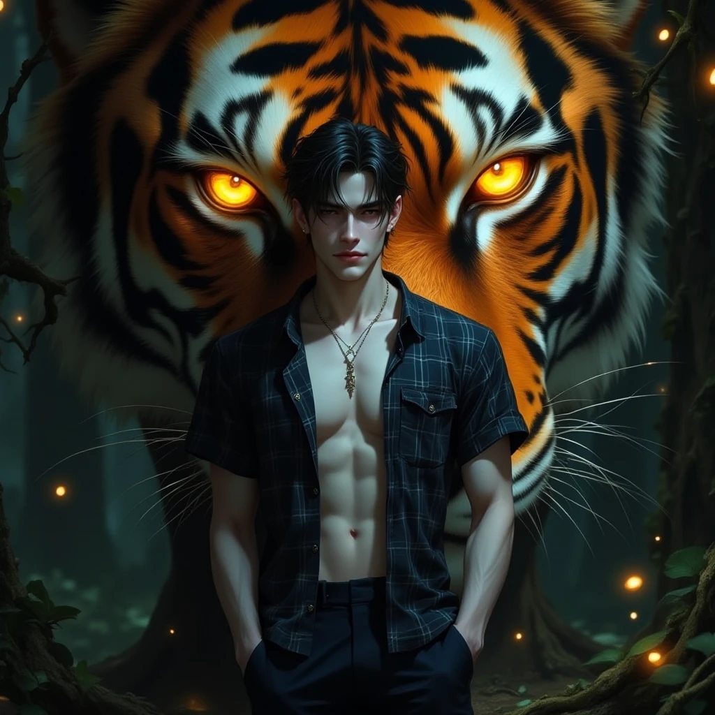 The picture was a picture of a demon, a young, handsome, dark, handsome man, 185 cm tall.. , body, grasping Madman Hansom, proportional figure,long hair,Wolf Cut Hairstyle,ผมสีดำ,Sparkling golden eyes,Devil's eye pupils, tigers, Flickering Eyes,Big round eyes,, long iris, light skin ,A slight smile,A short-sleeved plaid shirt ripped straight to the chest,Navy blue pants,Black Sandals,precise,4K, HDR,High Resolution,realistic textures,The background is a mysterious forest,there's a big tree, a forest in the background,With an orange, black-striped tiger spirit face, golden eyes hovering over the young man's head.,He was standing staring at the eyes.,he's staring. With a witty and captivating gesture,Look at the lookout ,Zoom out, 8k octane render , atmospheric scenery, เลนส์ Sony FE GM, bokeh, semi-realistic outlines, resembles a sketch,,Looking at the viewer, looking straight,Fine shading, manga and anime style,It allows natural light from the moon to fully shine in, adding a touch of nature to the overall scene. The overall atmosphere is serene and mysterious.,big-breasted dress,  Portrait , Multiple view images, 360 degree view, Everyday Image ,Soft Light,Zoom outความยาวโฟกัส 135mm,seductive smile, Light,Zoom in