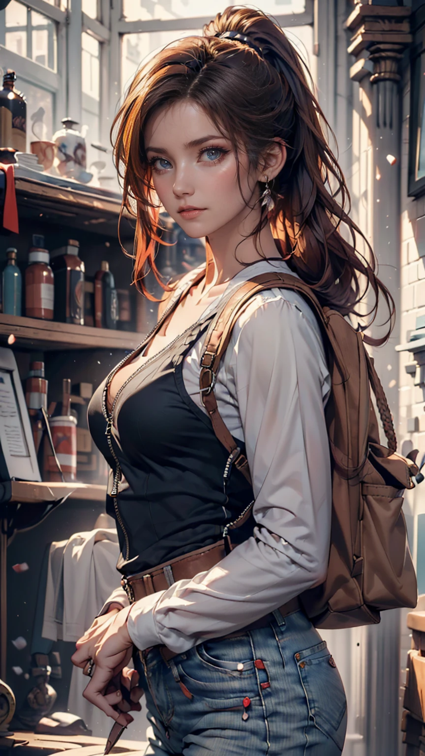 (draw) ((masterpiece, top quality)) (character design sheet, same characters, Front, side, return, There are words written all around) Long Women, Redhead with ponytail hairstyle, brown eyes in the oral vagina,  I'm wearing a bulletproof vest ,  long sleeve zippered shirt, White shirt and jeans, returnpack, Stand and relax