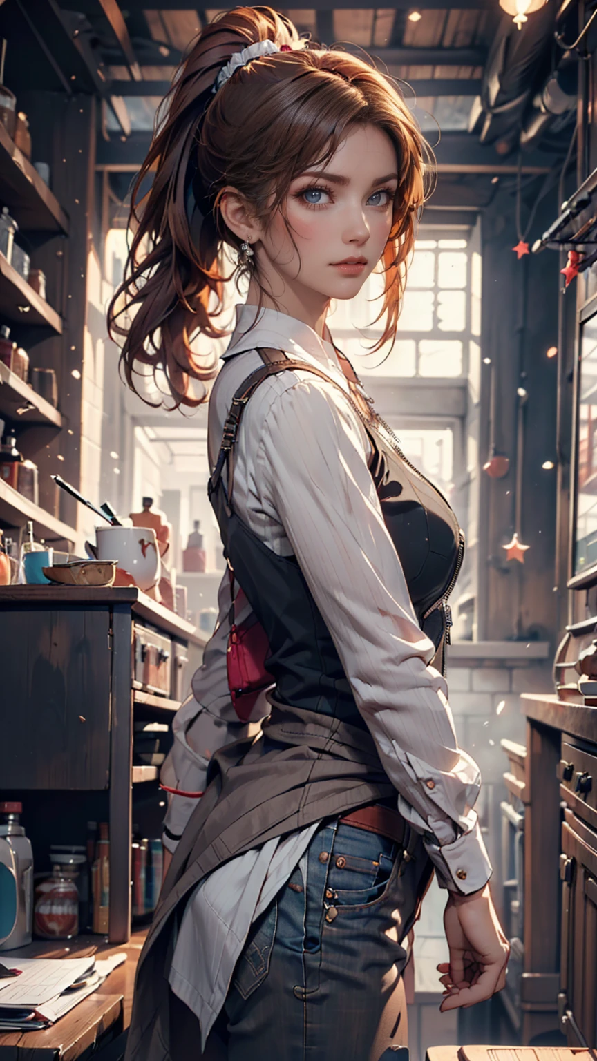 (draw) ((masterpiece, top quality)) (character design sheet, same characters, Front, side, return, There are words written all around) Long Women, Redhead with ponytail hairstyle, brown eyes in the oral vagina,  I'm wearing a bulletproof vest ,  long sleeve zippered shirt, White shirt and jeans, returnpack, Stand and relax