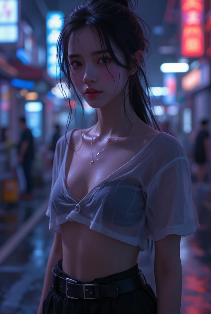 Highest quality、Surreal、Perfect Anatomy、Crowded downtown area、Wet and shiny white skin、Slender model figure、Ahegao、blush、Rainbow Hair、Black Micro Bikini、Soaking wet、Super small face、Japanese sword、Collar and leash、Natural light、Cyberpunk City、Neon Light、Urban Tech Wear