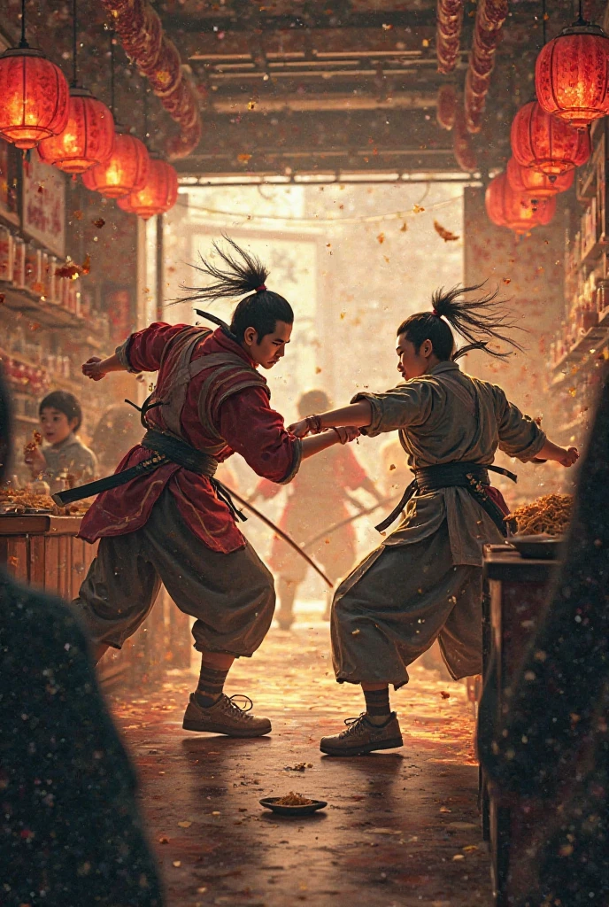 [Scene: A noodle shop with intense battle music playing unnecessarily loud.]