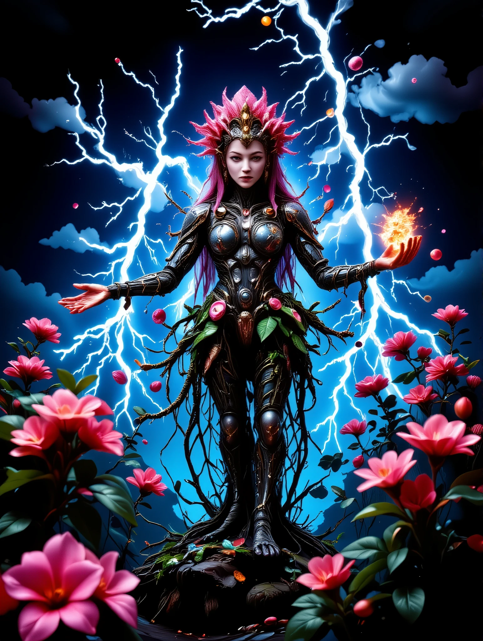 an illustration of a Plant Maiden, with a majestic figure and a harmonious blend of green and pink colors. Her body is adorned with mechanical bark, covered in moss, and enhanced by glowing metal leaf details. Her arms extend tendrils that she controls with grace. Her eyes glow with light, and there are neon lights that dance on her body, giving her a vibrant, futuristic feel. Lightning crackles around her branches and leaves. The scene is set under ominous dark clouds, with soft peach blossoms in the foreground, their petals delicate and vibrant. The night atmosphere is illuminated with high-contrast lighting, dramatic shadows, and a neon glow. The scene should feel both ancient and futuristic, blending tribal markings and futuristic energy. Render the scene in the highest quality, with a realistic, photographic touch. (Best quality, 4K, 8K, masterpiece: 1.2, photographic realism: 1.37).