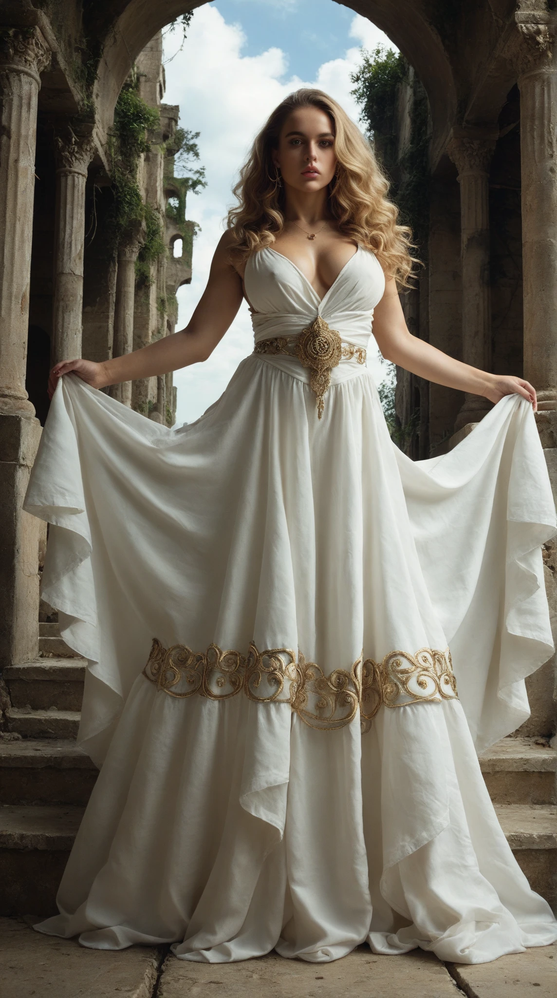 Hestia, the Greek goddess of home and hearth, is described with a serene and maternal beauty, reflecting the protective and nurturing nature she embodies. Your skin is white as marble, smooth and without imperfections, representing your purity and serenity. Their hair is long and wavy, with a golden hue reminiscent of the soft glow of a fireplace fire. Your eyes are deep blue, full of calm and wisdom, as if they kept the oldest secrets in the world.

Hestia possui um corpo voluptuoso, in perfect harmony with her maternal nature. Your ??????? are generous and full, symbolizing fertility and abundance, while your ???? is firm and rounded, evoking the femininity and classical beauty celebrated in Ancient Greece. She wears a simple tunic, feita de linho branco, that drapes softly over your curves, accentuating your shape without being overly revealing, maintaining the balance between sensuality and decorum.

Essa imagem de Hestia exala uma sensualidade discreta, harmonized with its divine and protective essence, a goddess who, despite his modesty, is irresistibly attractive and radiant in its natural beauty.