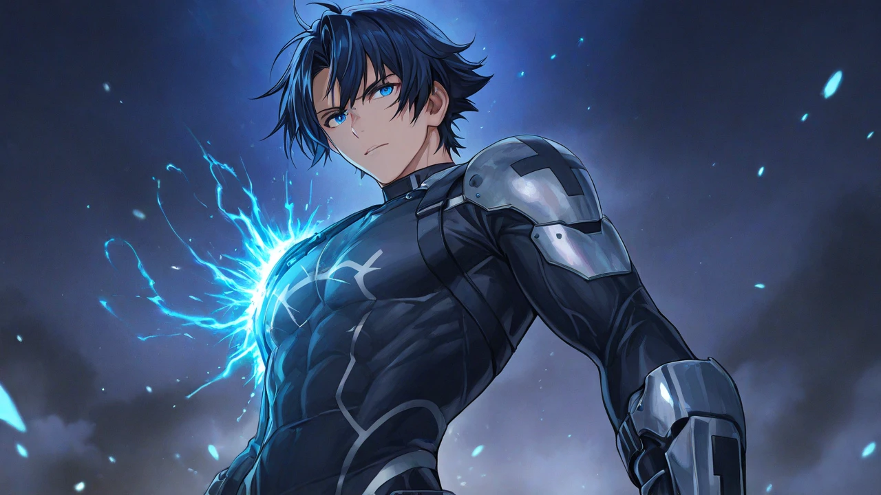A detailed anime-style illustration of Senko, a 25-year-old male warrior, clenching his steel fists, blue energy veins glowing brighter on his black tight-fitting outfit, his blue eyes narrowing, a muscular build, a calm and heroic atmosphere, vibrant colors of black, blue, and silver, cinematic lighting with glowing effects, ultra-detailed textures, 8K resolution, --ar 16:9