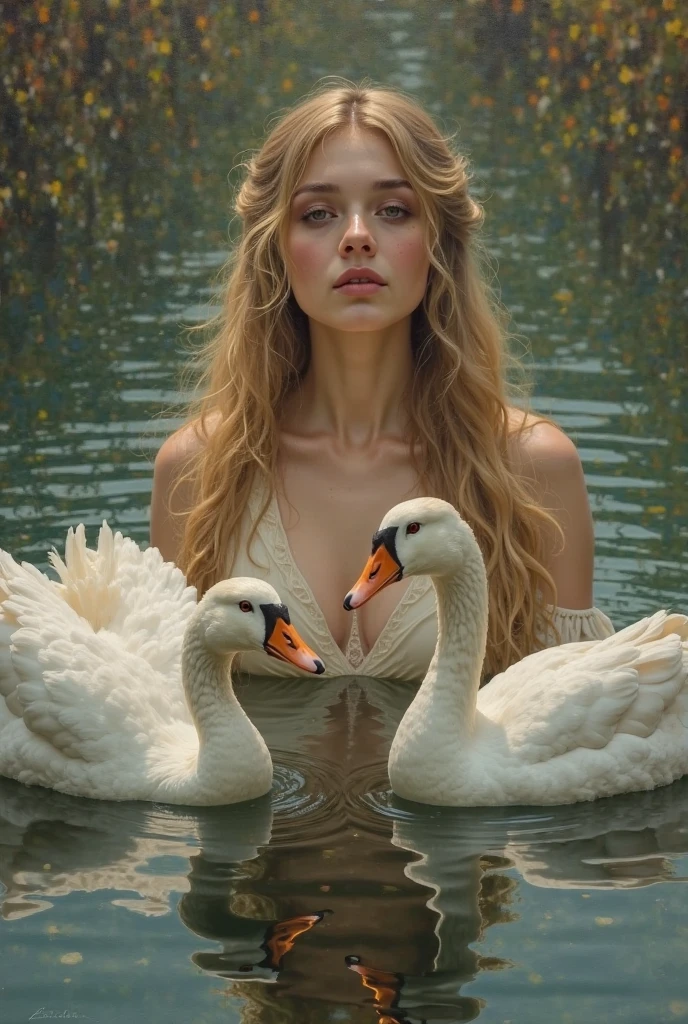 Old oil painting of a women in a lake with long hair and two gooses with her 