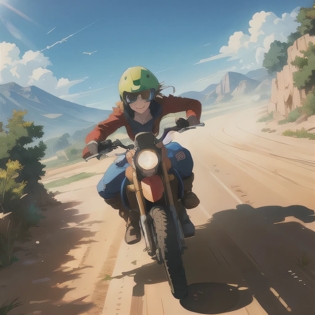 (cel_shading),
1girl,flight goggles,riding a motobi \(mtb umk\),smile,dirt road,dust,
BREAK masterpiece,best quality,