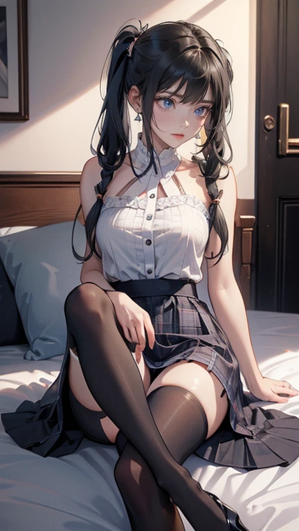 (full figure:1.1), (1 girl as yukino yukinoshita:1.5), highres, solo, big breasts, waist long black hair, (twintails:0.5), (pleated school miniskirt:1.5), (black knee high socks:1.5), (loose red ribbon:1.2), (cotton skirt:1.5), (unbuttoned white shirt:1.4), (ahegao:1.5), green eyes, (rolling eyes:1.5), (torn clothes:1.5), (naked breasts:1.5), spread legs, legs wide open, (drugged:1.5), legspread
