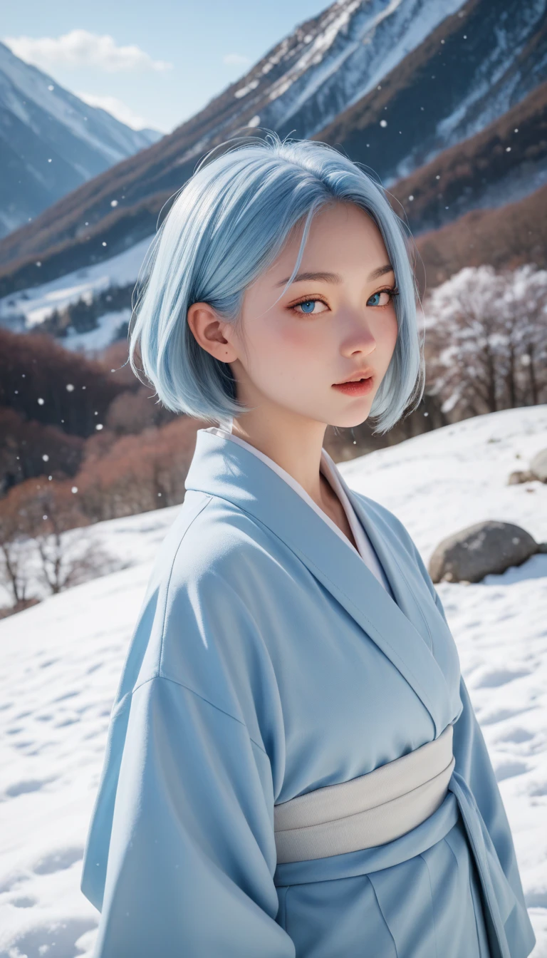 Slender high school student、clothes are messy、 small 、Japanese Women、short hair、light blue hair、 light blue kimono、 Snow Mountain 、it's snowing