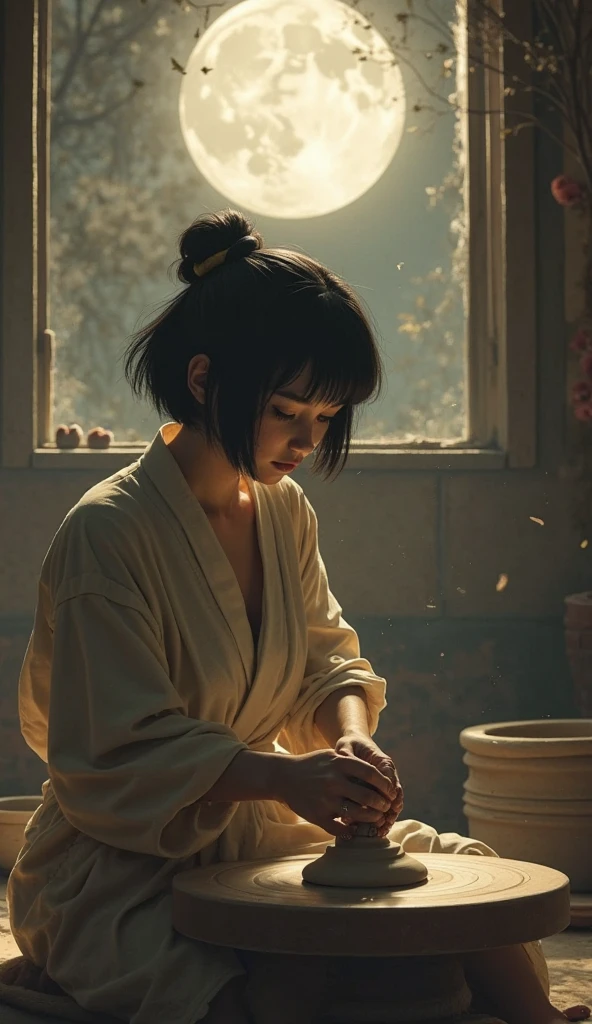 Iconic Pottery Wheel Scene
Prompt:
“ Demi more, short-haired Demi more with a melancholic expression molds clay on a wheel in the soft light of the moon. Behind her, the spirit of a man gently embraces her, invisible to the eyes of the world. The atmosphere is romantic, spiritual and sad.”