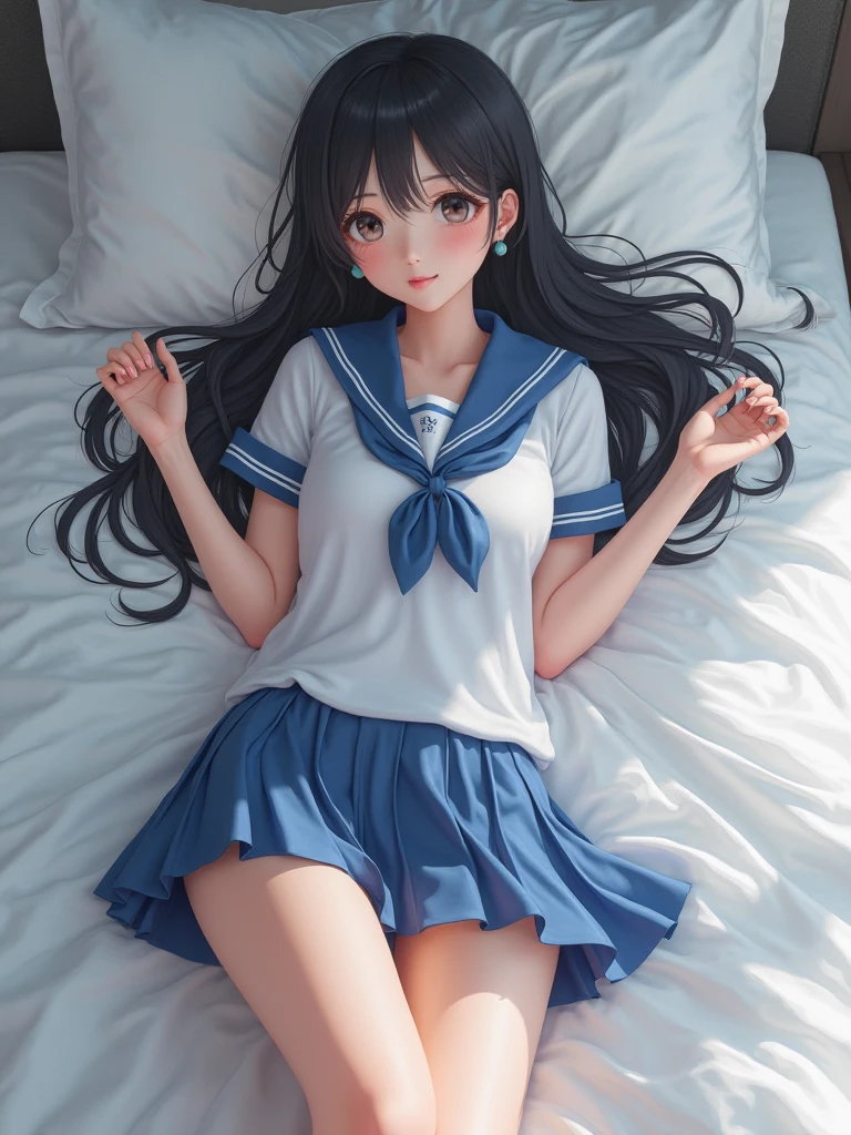 Ultra HD、super high quality、masterpiece、detailed、8K、The place is your room、A high school girl in her room1Person sitting and listening to music on headphones、studying、15-year-old high school girl、The high school girl is Russian and has long black hair.、Has blue eyes、She has a flower tattoo and a glamorous figure.、The clothes she's wearing are one-piece dresses.、Black lace stocking on the left leg only、Pretty sexy、Lo-Fi images、I have a very small pet dog