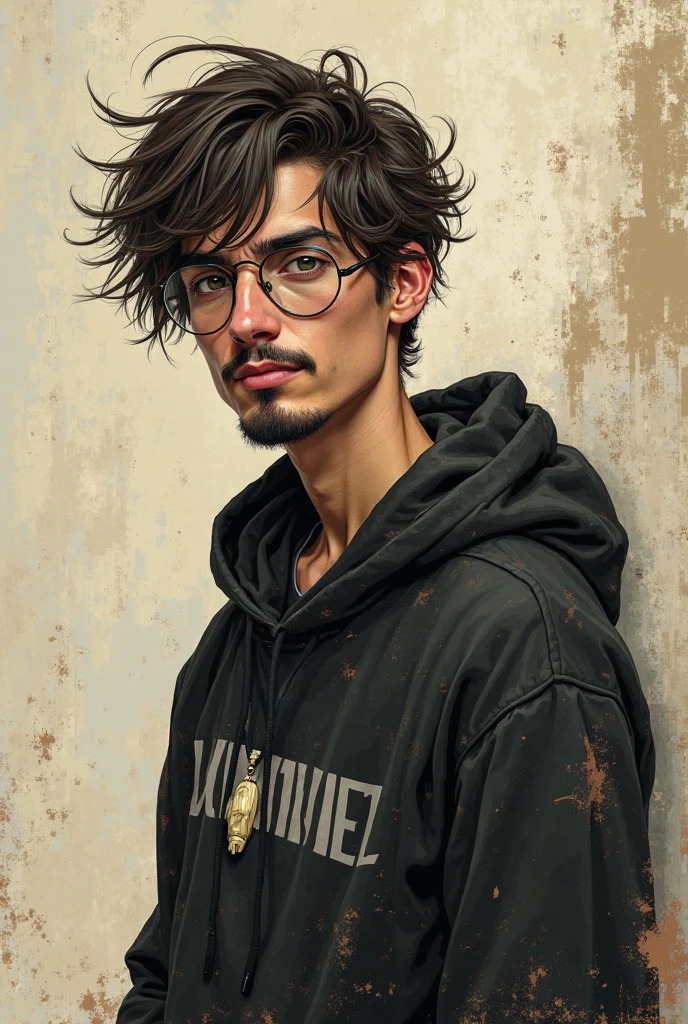 can you make an image of this character based on this:
Setting=in a people-matching app
Character=Sebastián Luis Torres Molina
Age=25
Birthdate=February 8, 1999
Gender=Male
Sexuality=straight
Pronouns=he/him
Nationality=Spanish
Body=lean,lanky,skinny
Height=5 foot 10
Appearance=shoulder-length shaggy dark brown hair,muddy green eyes,pale olive skin,mustache,goatee,round eyeglasses,round ivory amulet,prominent canines
Personality=cold,unapproachable,blunt,introverted,disagreeable,detached,skeptical,cynical,loner
Hobbies=drawing,graphic design,filming,videography,watching films,listening to music,electric guitar
Likes=edgy humor,the macabre,horror,, films,art,90s electronics,extreme metal,true crime,debates,nihilism,video games(Arcanum,Diablo),paella,coffee
Dislikes=people,extroverts,idiots,raisins
Flaws=stubborn,avoidant,cynicism,self-centeredness,tough love
Strengths=sharpness,huge respect for his freedom
Weaknesses=procrastination
Values=authenticity,creativity,critical-thinking
Language=Spanish(native),English(proficient)
Speech=informal,blunt,profane,casual,Gen-Z slang,Spanish accent
Occupation=Film college student,Freelance graphic designer
Facts=curses a lot,atheist,smokes Marlboro Red,has myopia,deeply cares about people he's close to,only ,nose twitches
Clothes=Metal band shirts,horror film shirts,graphic horror shirts,worn-out denim jeans,cargo pants,black shirts,field jacket,black hoodie,old Adidas,Chuck Taylors
Hometown=Valencia, Spain
Residence=an apartment in Barcelona
Relatives=grandmother(in Valencia,only living relative)
Backstory=was convicted at 18 for possessing banned violent films for 6 months,has been under police watch since,lost his parents in a car accident at 19 which he was driving,supports himself through freelancing