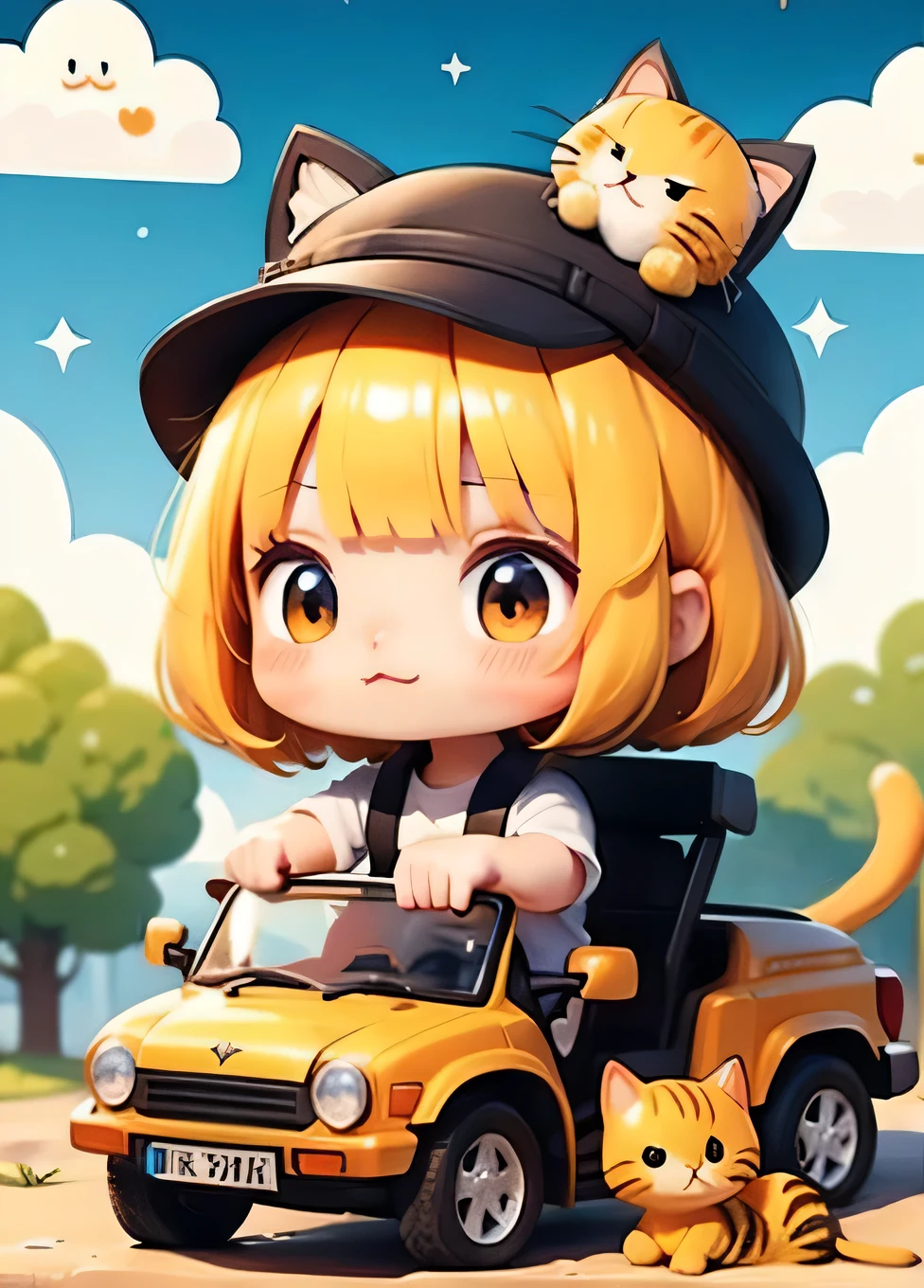 cute comic, 1 magica holding weapon, motor vehicle, tank, cat, hat, yellow, bangs, no nose, blush, cloud, sky