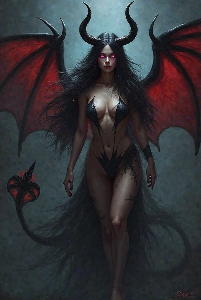 A monstrous deformed angel with disgusting tentacles and torn wings, night, dark environment, darkness, fog, blood