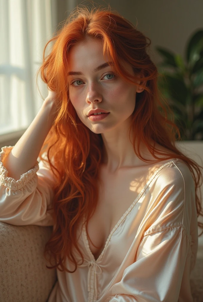 attractive red brown curly woman sitting in white leather chair