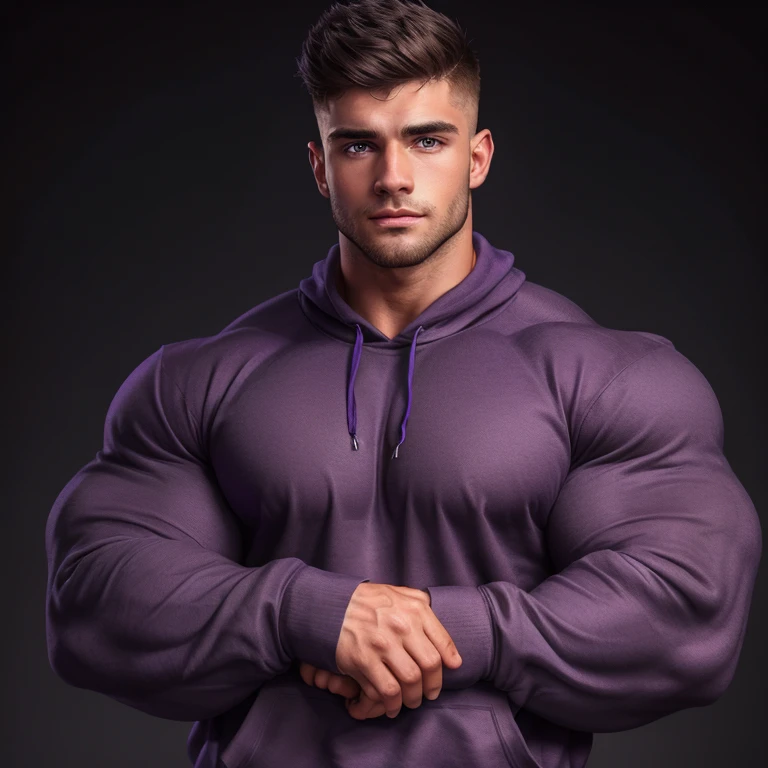 a very handsome young man, mid fade haircut, with massively large, massively muscular muscles, wearing a simple purple sweatshirt with long sleeves, on a black background