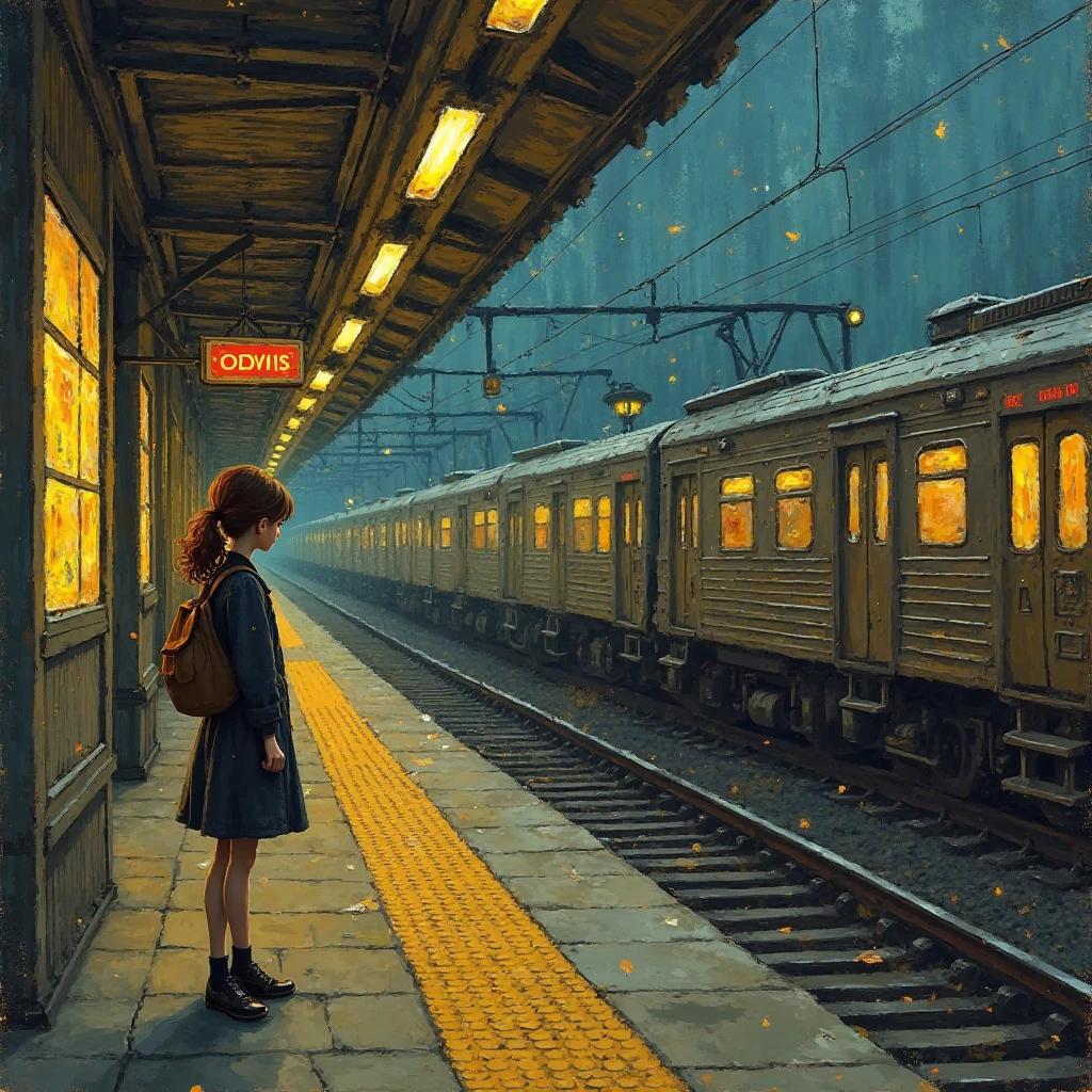 Make me a girl at a train station standing at a train station looking at the train she missed sadly in the Van Gogh style. The dominant colors are brown and gray with yellow lights. The scene is very much focused on the girl and very close 