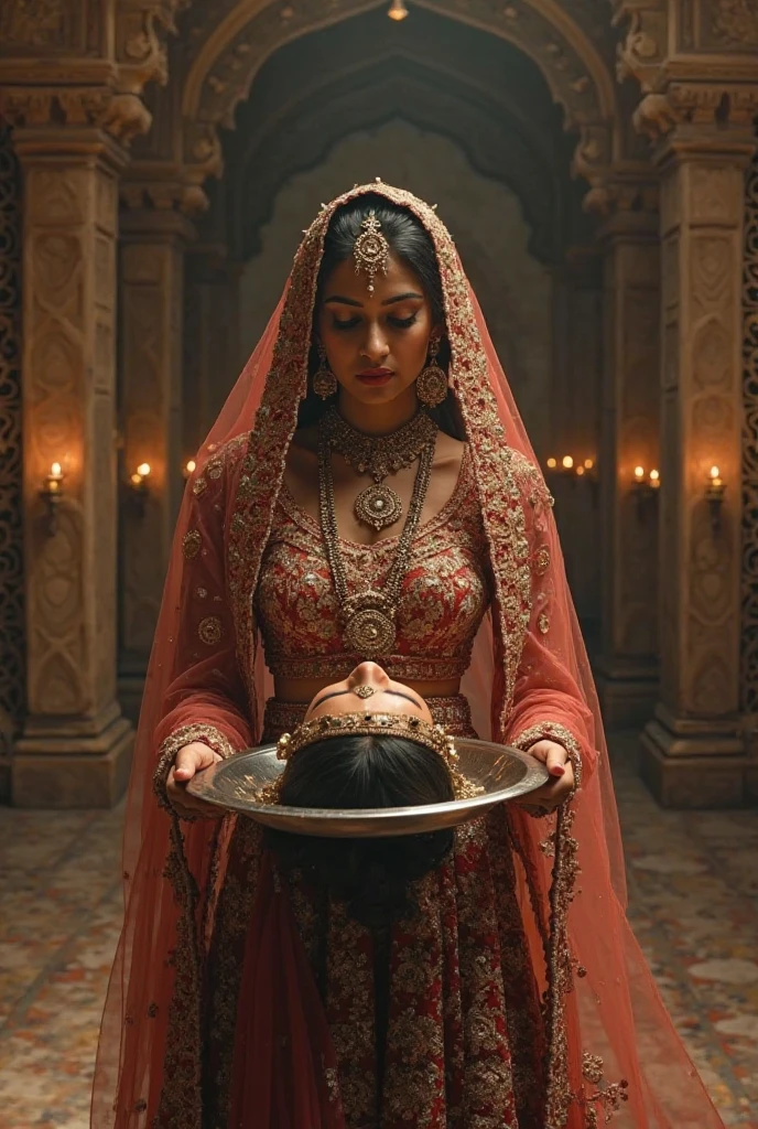 A dramatic and emotionally intense scene of a regal Indian queen in full traditional Rajput attire, who has beheaded herself as an act of ultimate sacrifice. Her head lies gracefully in a silver plate held with dignity in her own hands, eyes gently closed, face calm and composed, adorned with a traditional bridal nose ring, maang tika, and heavy temple jewelry. The body stands tall in a richly embroidered Rajasthani lehenga-choli with heavy zardozi and mirror work, a sheer veil (ghoonghat) draping from her shoulder. The absence of the head above the neckline is surreal but bloodless, representing symbolic honor over violence. The background is a dimly lit royal durbar hall with sandstone arches, flickering oil lamps, and intricate latticework casting shadows. Her sword rests in her right hand, symbolizing valor. Soft wind rustles her veil as devotional Rajasthani folk music with distant temple bells plays in the background. Lighting is dramatic and reverent, evoking sacrifice, courage, and dignity. Ultra HD 4K, cinematic Indian historical painting style, high realism with soft textures and deep shadows."