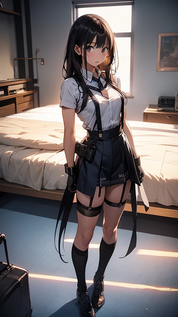 Highest quality, masterpiece, high resolution, 8k, cinematic lighting, sharp resolution, looking at viewer, various angles, medium shot, 1 woman with chin length hair, short hair, dark bob cut, thick hair, center part, sleek bob, stacked bob, voluminous hair, luxurious hair, in her 30s, white blouse, pencil skirt, dark stockings, and calf boots, baggy blouse, detailed face, looking at viewer, focus on face, photo realistic, character, video game cut scene, smooth, anime, detailed face, perfect skin, beautiful, Insanely detailed, close up, duct tape gag, ((tape gag: 1.4)), gag, ((gagged)), (((arms bound behind back))), tied to chair chair tied, abducted, frightened, pleading eyes, true crime, peril, decaying walls, basement