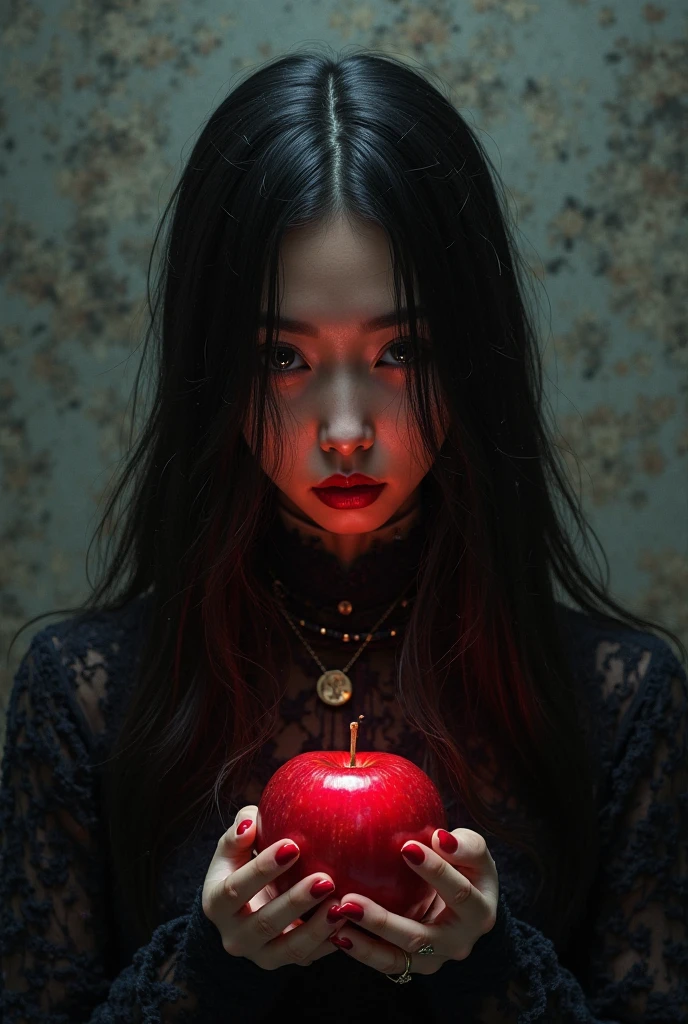 ((RAW Photo), absurd, (absurdresolution)), masterpiece, best quality, (Extremely detailed 8k unity CG wallpaper), (best illustration), (best shadow), Realistic lighting, beautiful detailed glow, ((21 years old)), girl, long black hair, black queen, accessories, apple in hand, poisoned apples, witch queen, red lipstick, (((Photographic Perspective of her)))