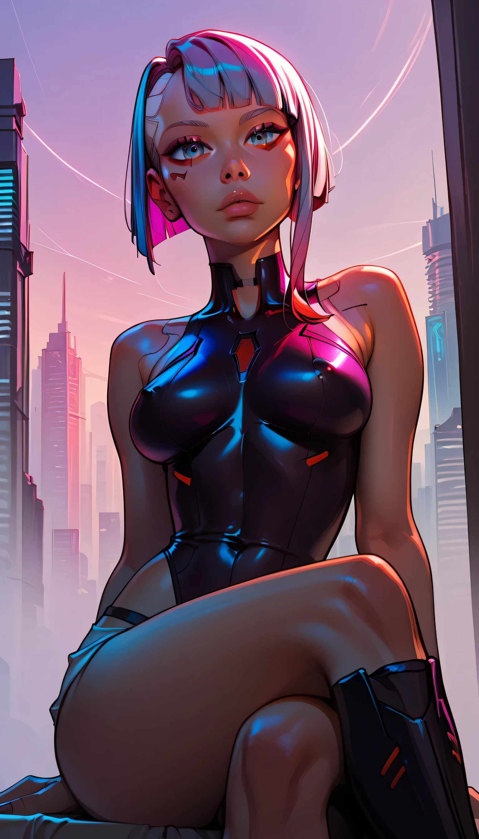score_9, score_8_up, score_7_up, score_6_up, score_5_up, score_4_up, Masterpiece, hyperdefinition, 8k, RTX Nvidia, sunset toner,detailed eyes, lips Stick, make Up,beatiful features ,detailed breast,detailed enviroment, Lucy from cyberpunk anime, anime style, graphic novel style, city background, sitting with crossed legs