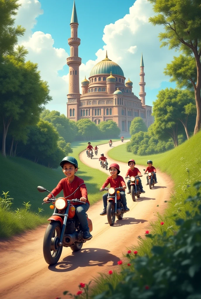 Give me a pic of five little Muslim ren riding motorcycles up the hill towards the mosque.original photo 