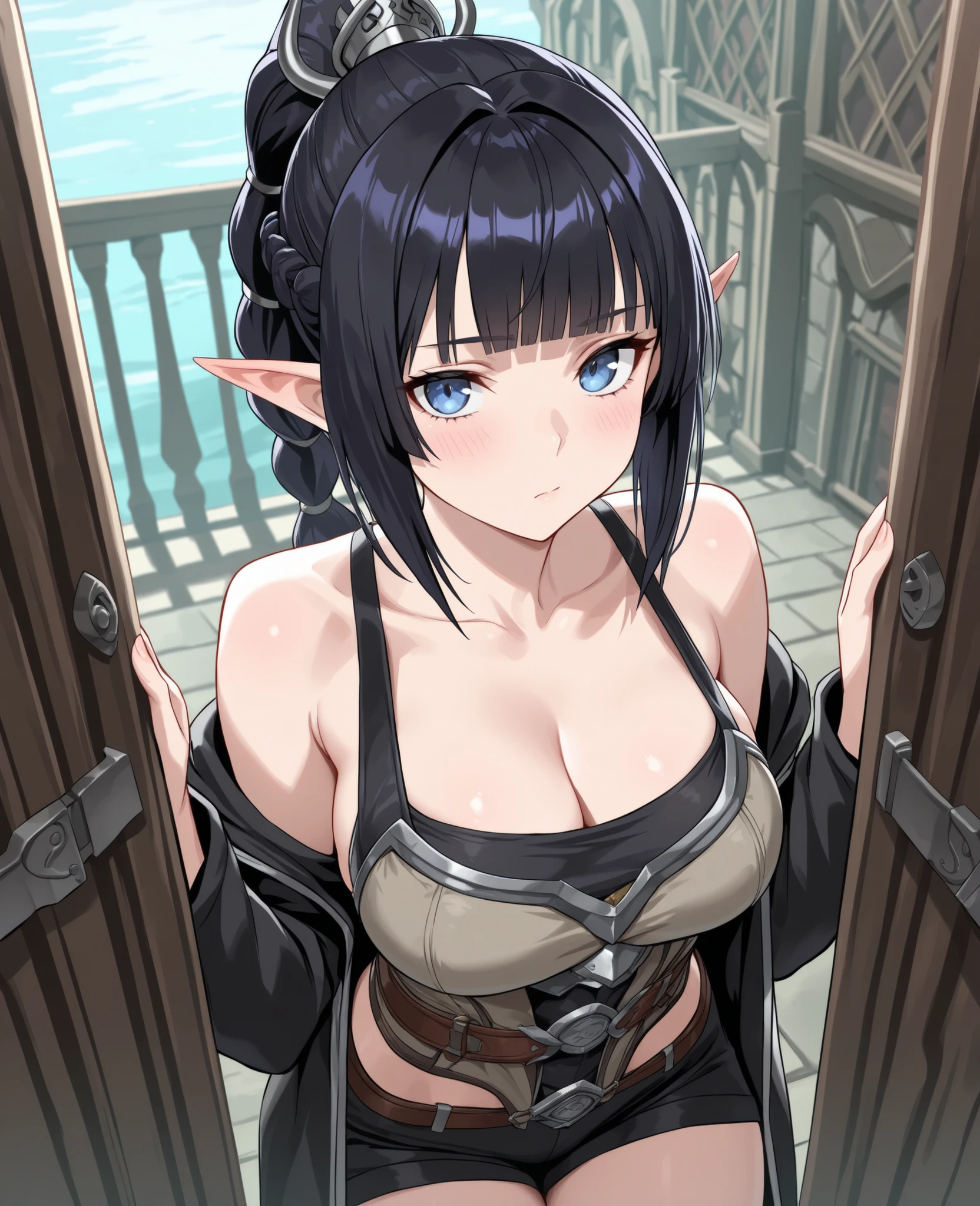 cliffs, sky, mountains, hills, villages, landscape, a giantess looming over a tiny fortress, a giantess towering over a tiny fortress, a giantess looking down at a tiny fortress, (all fours), (1girl), (minigirl:1.2), huge breasts, naked, bra, (adult women: 1.1), from below, below view, (pointy ears), from below, navel, sweaty, misty, (a fortress with crowds of tiny armies from sky view: 1.3), (a fortress with crowds of tiny armies sky view in front of the breasts of a giantess: 1.3), (crowds:1.1), nipples