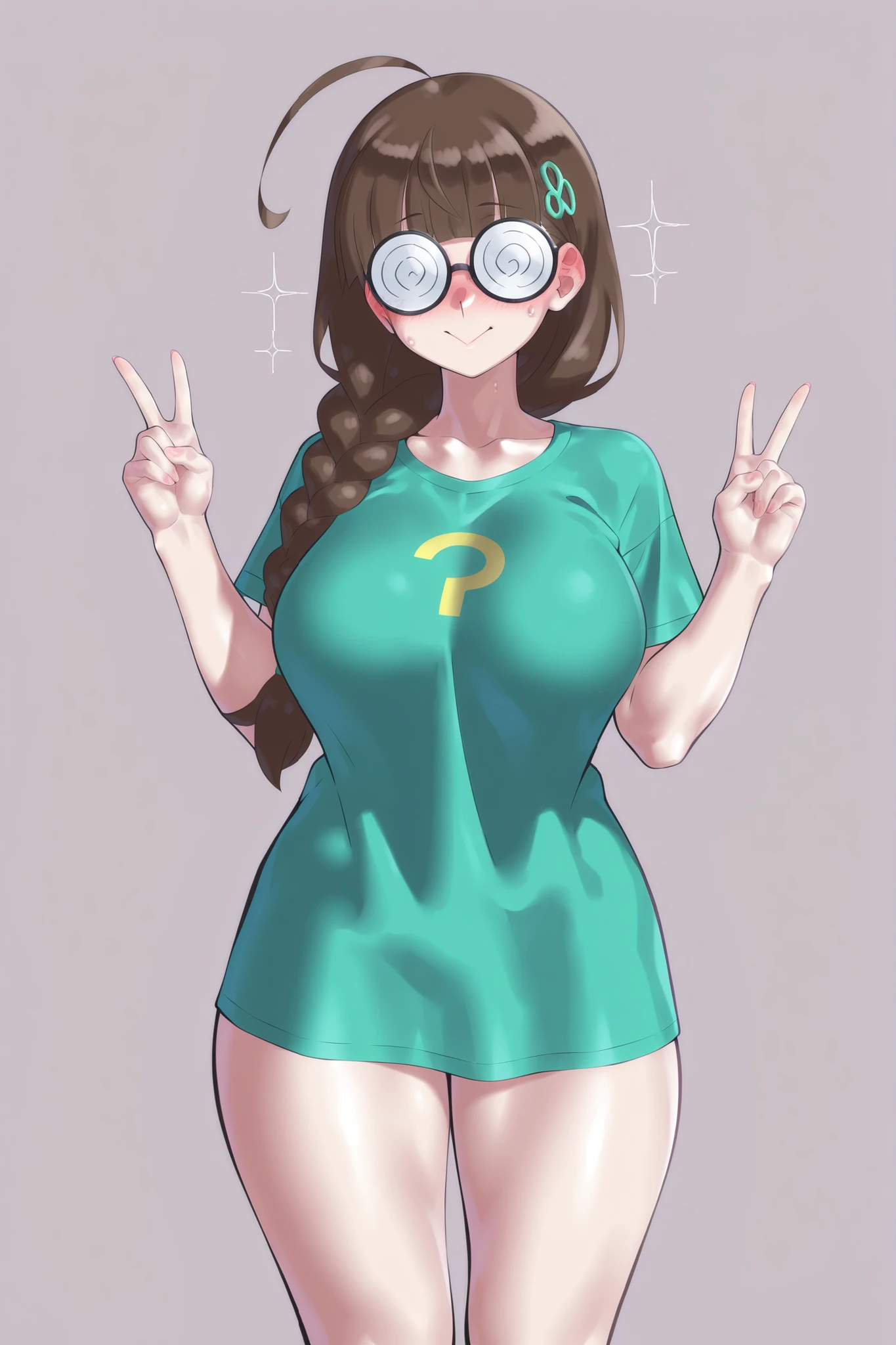 chica sexy ((big tits)) with a short shirt ((black with the original green Spotify logo)) ((legs open to the viewer)) (( brown hair))