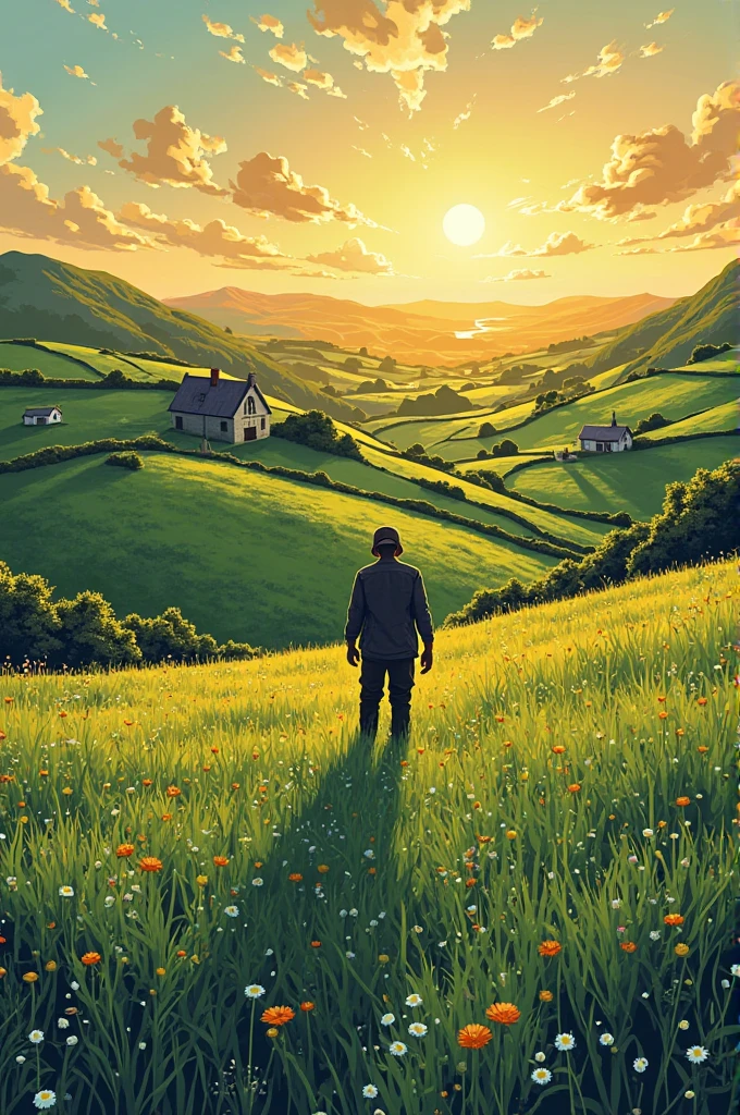Create an illustration about an early morning in a irish field landscape. Like comic book