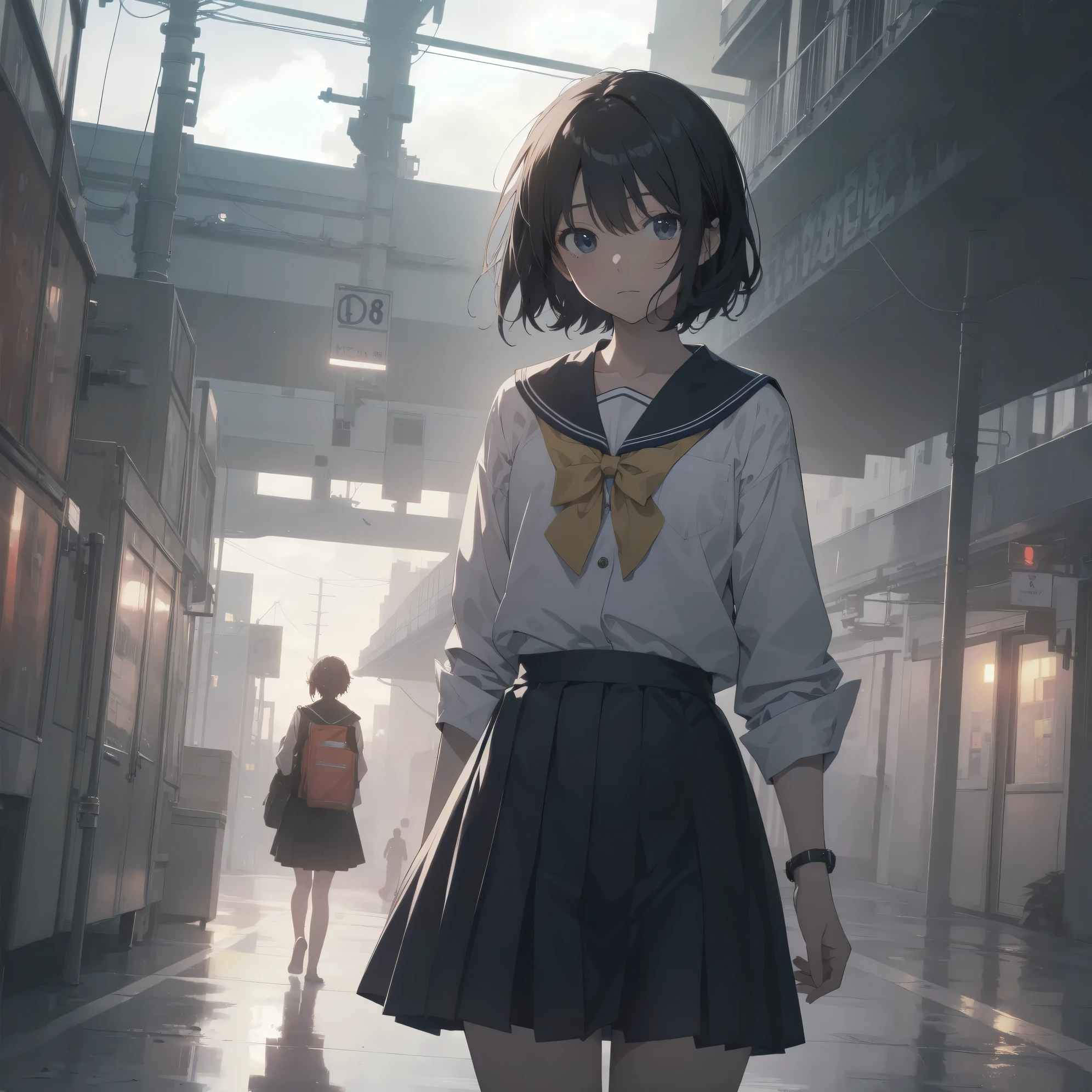 ultra-absurdres-Top quality by artist God, ultra-detailed, high resolution, anime moe artstyle, best anime 8k konachan wallpaper, pixiv contest winner, pool:2810, perfect anatomy,break, 1girl, (Please draw a girl walking sleepily to school alone. )break,(Solo,little female,o:1.3),Full limbs, ,a junior high school student, (very short hair), short cut, flat chest, , small butt, small black eyes, beautiful detailed eyes, well-proportioned iris and pupils, expressive eyes, highres detailed hair, soft expression, sailor school_uniform,  bow, pleated skirt,(Detailed Lighting), (Detailed background), in the School commute route. break,super detailed skin, Best cinematic lighting powered by famous artist, 8k,beauty illustration,photoshop_(medium),very aesthetic,break,((artist:beni_shake )), artist:mitsumi_misato,artist:fujiyama ,artist:kokonoka ,
